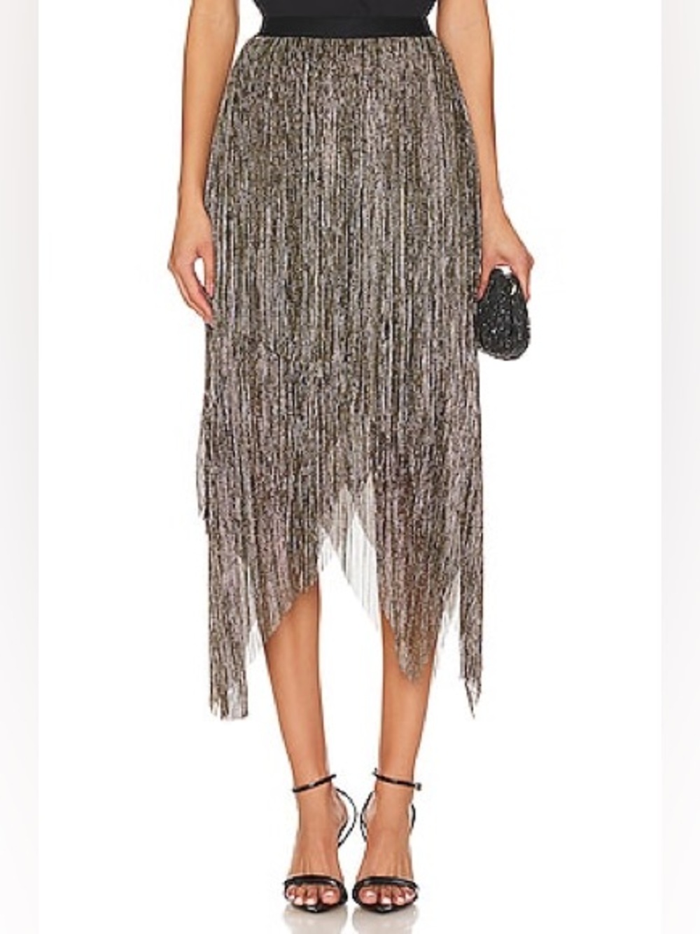 AllSaints NWT Veena Skirt Black Gold Metallic Asymmetric Midi Skirt Sz 8